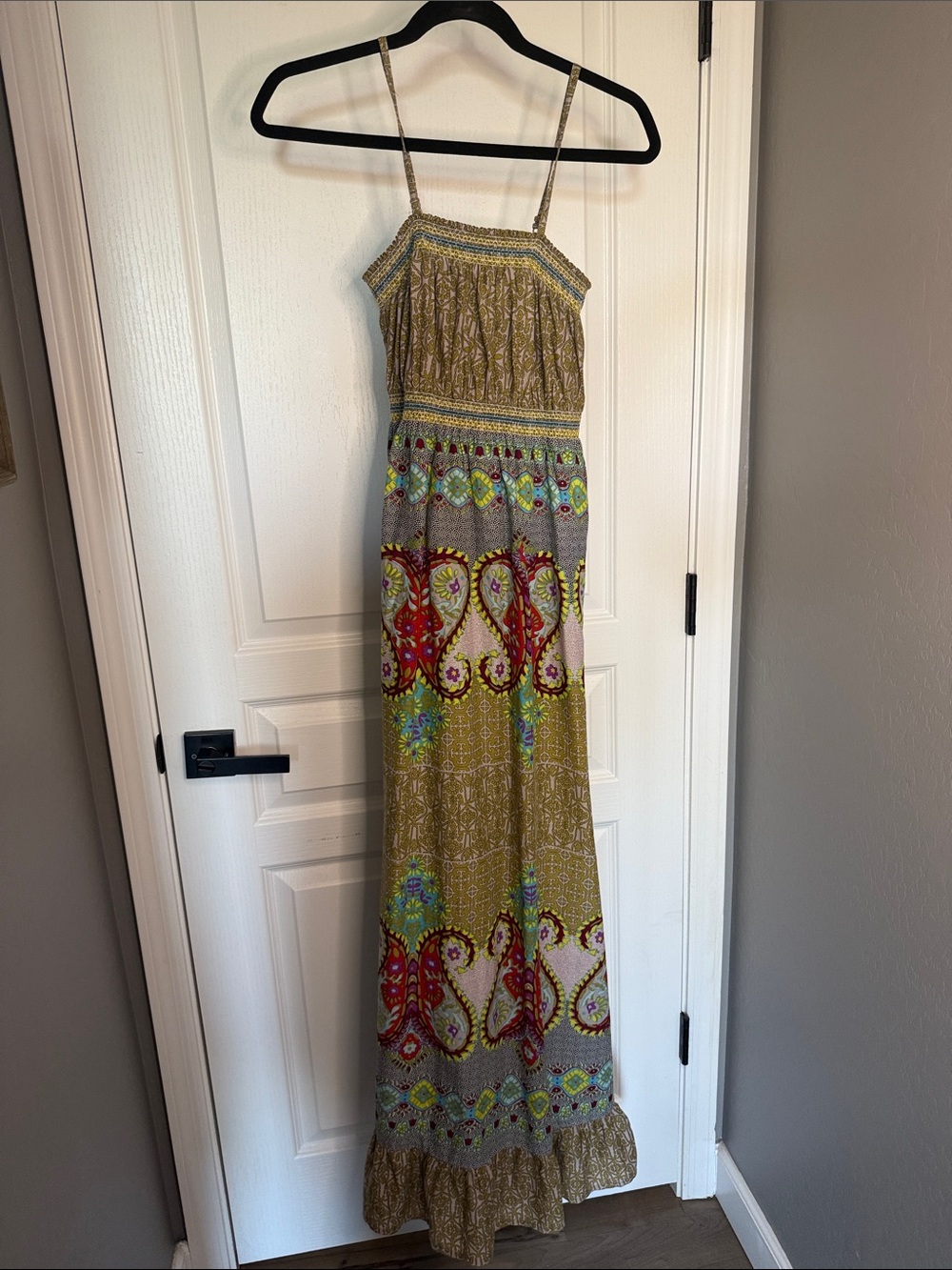 Cost Plus World Market Olive Maxi Dress with Red and Turquoise Accents